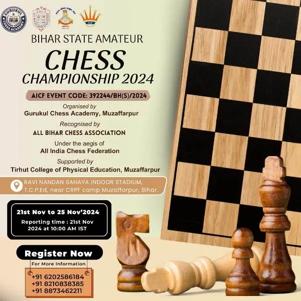 title International Rating Chess Championship International Rating Chess Championship का अयोजन 21 नवम्बर से 25 नवंबर तक तिरहुत शारीरिक शिक्षण महाविद्यालय में