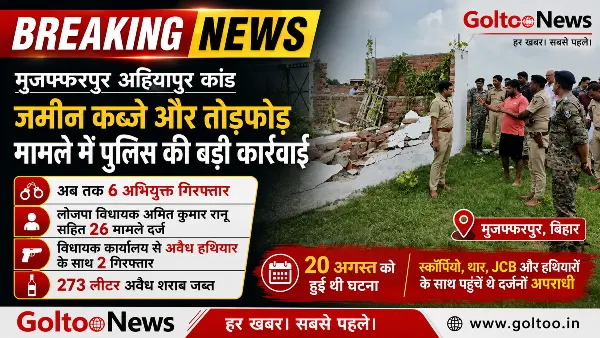 मुजफ्फरपुर के अहियापुर में जमीन कब्जा और तोड़फोड़ पर पुलिस की बड़ी कार्रवाई, 6 गिरफ्तार लोजपा विधायक अमित कुमार रानू समेत अन्य के खिलाफ 26 मामले दर्ज; विधायक कार्यालय से हथियार के साथ दो गिरफ्तार, 273.75 लीटर शराब बरामद
